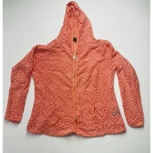 Charlie Paige Womens L/XL Orange Crochet Knit Hoodie Full Zip Long‎ Sleeve